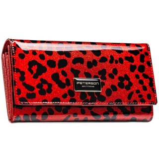 Czerwony, duzy portfel damski ze skóry ekologicznej i naturalnej w cętki, zamykany zatrzaskiem - Peterson