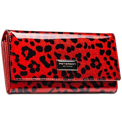 Czerwony, duzy portfel damski ze skóry ekologicznej i naturalnej w cętki, zamykany zatrzaskiem - Peterson