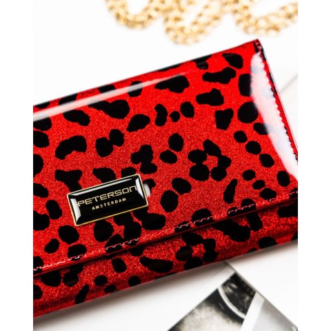 Czerwony, duzy portfel damski ze skóry ekologicznej i naturalnej w cętki, zamykany zatrzaskiem - Peterson