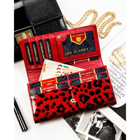 Czerwony, duzy portfel damski ze skóry ekologicznej i naturalnej w cętki, zamykany zatrzaskiem - Peterson