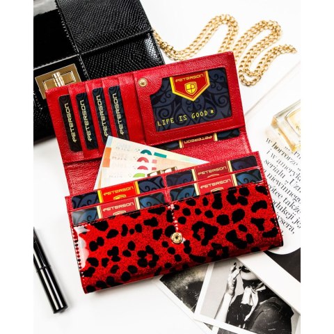 Czerwony, duzy portfel damski ze skóry ekologicznej i naturalnej w cętki, zamykany zatrzaskiem - Peterson