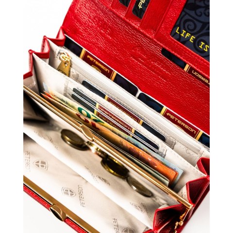 Czerwony, duzy portfel damski ze skóry ekologicznej i naturalnej w cętki, zamykany zatrzaskiem - Peterson