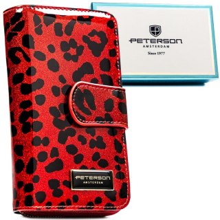 Czerwony, pionowy portfel damski ze skóry ekologicznej i naturalnej w cętki, wyposażony w system RFID - Peterson