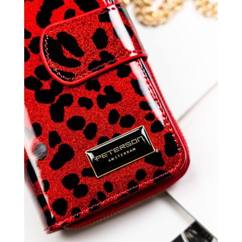 Czerwony, pionowy portfel damski ze skóry ekologicznej i naturalnej w cętki, wyposażony w system RFID - Peterson