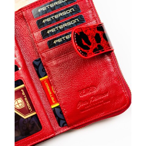 Czerwony, pionowy portfel damski ze skóry ekologicznej i naturalnej w cętki, wyposażony w system RFID - Peterson
