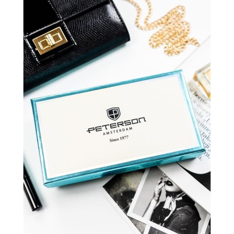 Czerwony, pionowy portfel damski ze skóry ekologicznej i naturalnej w cętki, wyposażony w system RFID - Peterson