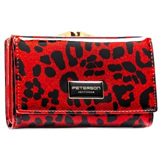 Czerwony portfel damski ze skóry ekologicznej i naturalnej w cętki, zamykany biglem i zatrzaskiem - Peterson