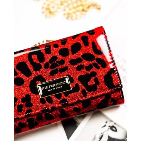 Czerwony portfel damski ze skóry ekologicznej i naturalnej w cętki, zamykany biglem i zatrzaskiem - Peterson