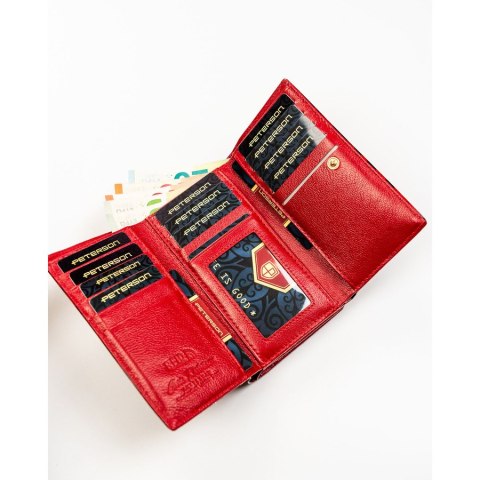 Czerwony portfel damski ze skóry ekologicznej i naturalnej w cętki, zamykany biglem i zatrzaskiem - Peterson