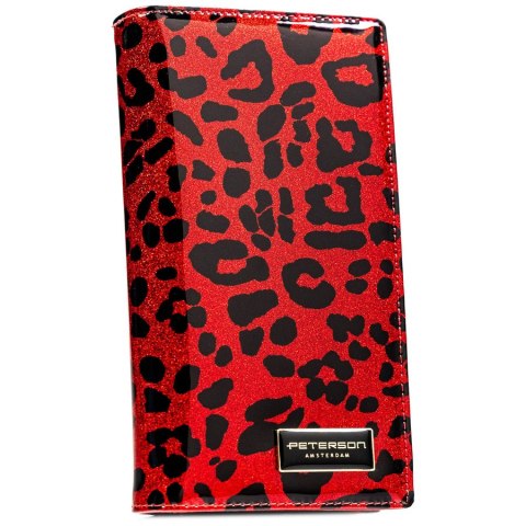 Duży, czerwony, pionowy portfel damski ze skóry ekologicznej i naturalnej w cętki zamykany magnesem - Peterson