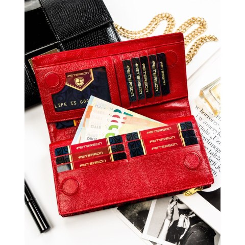 Duży, czerwony, pionowy portfel damski ze skóry ekologicznej i naturalnej w cętki zamykany magnesem - Peterson