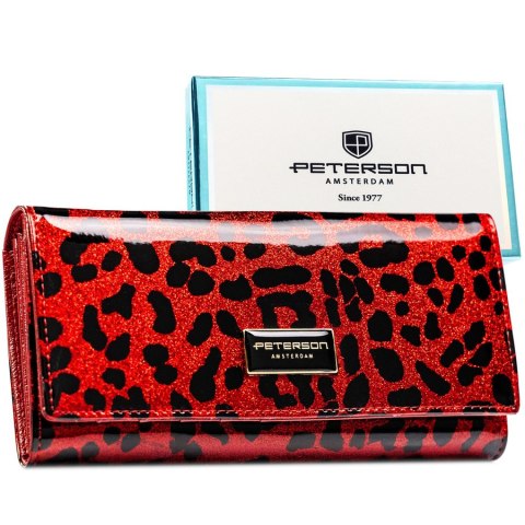 Duży portfel damski ze skóry ekologicznej i naturalnej w czerwonym kolorze zamykany zatrzaskiem - Peterson