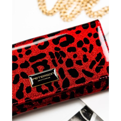 Duży portfel damski ze skóry ekologicznej i naturalnej w czerwonym kolorze zamykany zatrzaskiem - Peterson