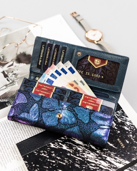 Duży, skórzany portfel damski na zatrzask i bigiel - Peterson