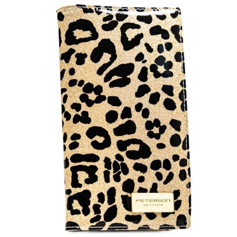 Duży, złoty, pionowy portfel damski ze skóry ekologicznej i naturalnej w cętki zamykany magnesem - Peterson