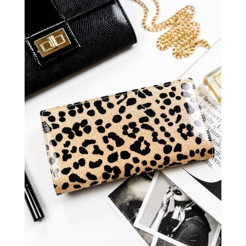 Duży, złoty, pionowy portfel damski ze skóry ekologicznej i naturalnej w cętki zamykany magnesem - Peterson