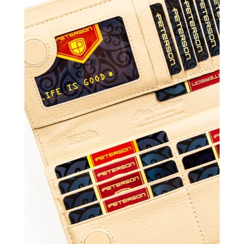 Duży, złoty, pionowy portfel damski ze skóry ekologicznej i naturalnej w cętki zamykany magnesem - Peterson