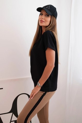 Czarny komplet damski bawełniany z bluzką i legginsami z lampasem