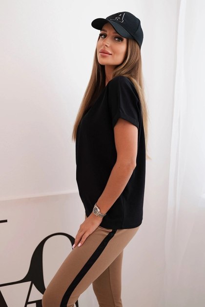 Czarny komplet damski bawełniany z bluzką i legginsami z lampasem