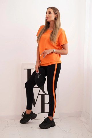 Pomarańczowy komplet damski bawełniany z bluzką i legginsami z lampasem
