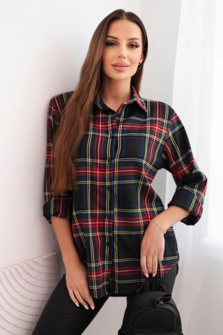 Czarna koszula damska w kratę z dłuższym tyłem