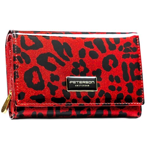 Portfel damski ze skóry ekologicznej i naturalnej w czerwonym kolorze z kieszenią zewnętrzną - Peterson