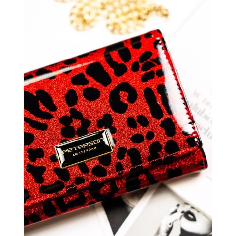 Portfel damski ze skóry ekologicznej i naturalnej w czerwonym kolorze z kieszenią zewnętrzną - Peterson