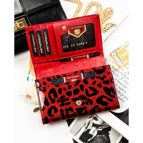 Portfel damski ze skóry ekologicznej i naturalnej w czerwonym kolorze z kieszenią zewnętrzną - Peterson