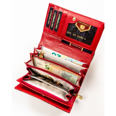 Portfel damski ze skóry ekologicznej i naturalnej w czerwonym kolorze z kieszenią zewnętrzną - Peterson