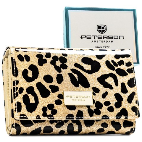 Portfel damski ze skóry ekologicznej i naturalnej w złotym kolorze z kieszenią zewnętrzną - Peterson