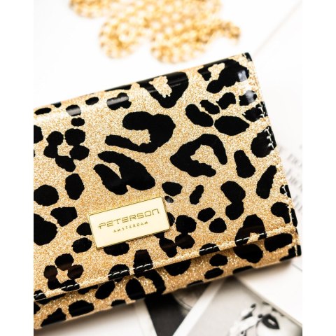 Portfel damski ze skóry ekologicznej i naturalnej w złotym kolorze z kieszenią zewnętrzną - Peterson
