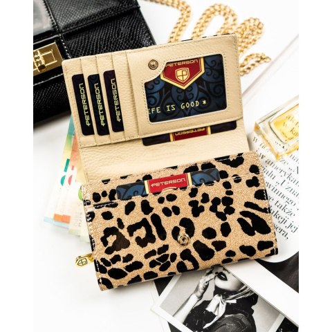 Portfel damski ze skóry ekologicznej i naturalnej w złotym kolorze z kieszenią zewnętrzną - Peterson