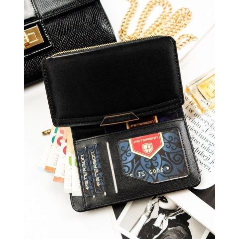 Portfel damski ze skóry ekologicznej w czarnym kolorze wyposażony w system RFID - Peterson