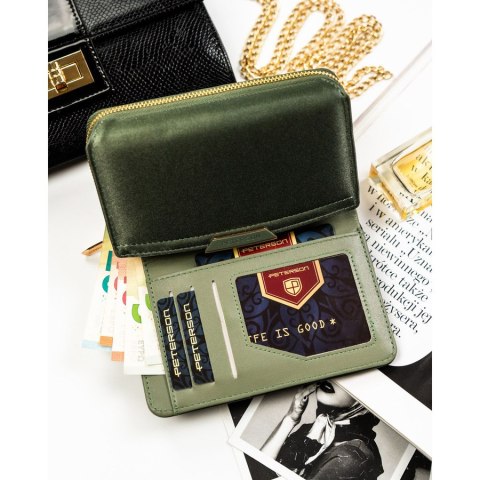 Portfel damski ze skóry ekologicznej w zielonym kolorze wyposażony w system RFID - Peterson