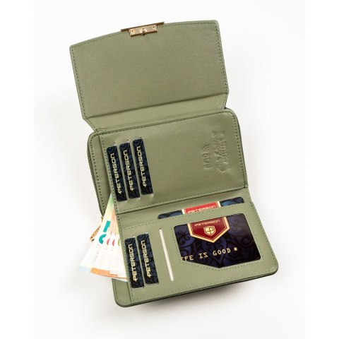 Portfel damski ze skóry ekologicznej w zielonym kolorze wyposażony w system RFID - Peterson