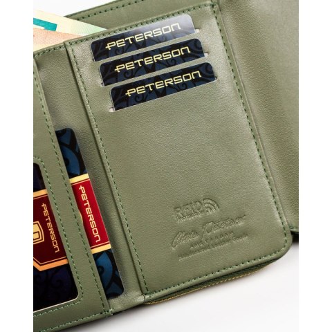 Portfel damski ze skóry ekologicznej w zielonym kolorze wyposażony w system RFID - Peterson