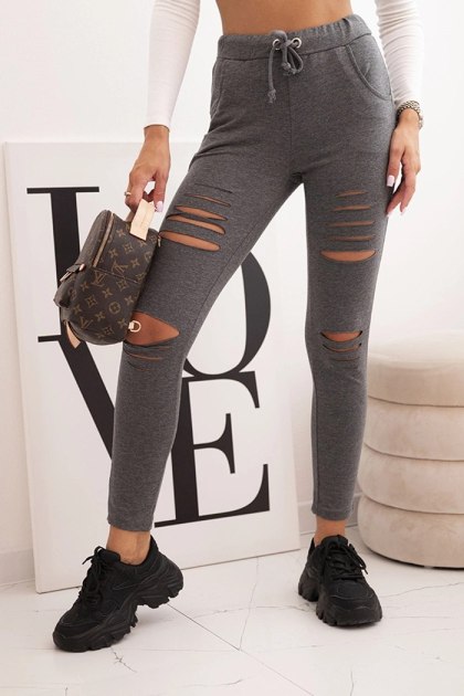 Grafitowe bawełniane spodnie damskie z przetarciami i gumką w pasie