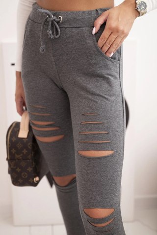 Grafitowe bawełniane spodnie damskie z przetarciami i gumką w pasie