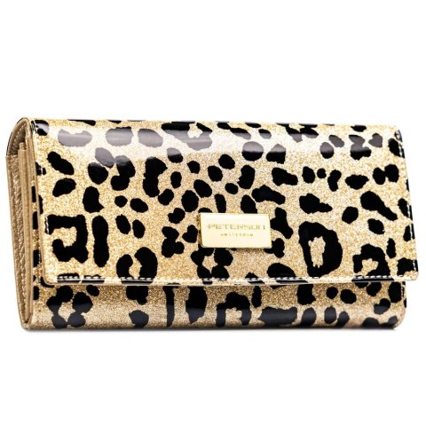 Złoty, duży portfel damski ze skóry ekologicznej i naturalnej w cętki, zamykany zatrzaskiem - Peterson