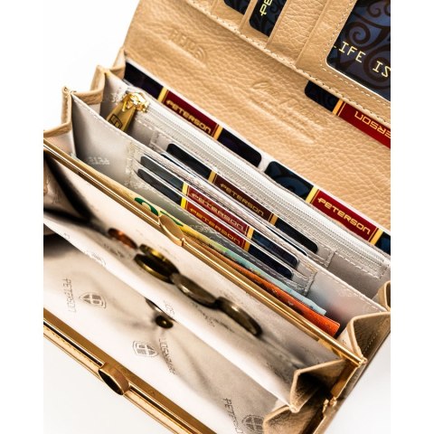 Złoty, duży portfel damski ze skóry ekologicznej i naturalnej w cętki, zamykany zatrzaskiem - Peterson