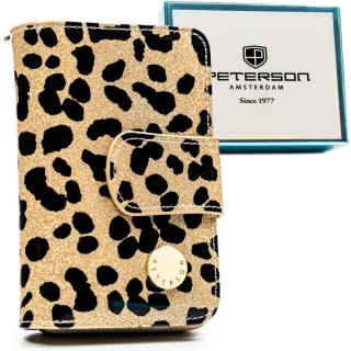 Złoty, pionowy portfel damski ze skóry ekologicznej i naturalnej w cętki - Peterson