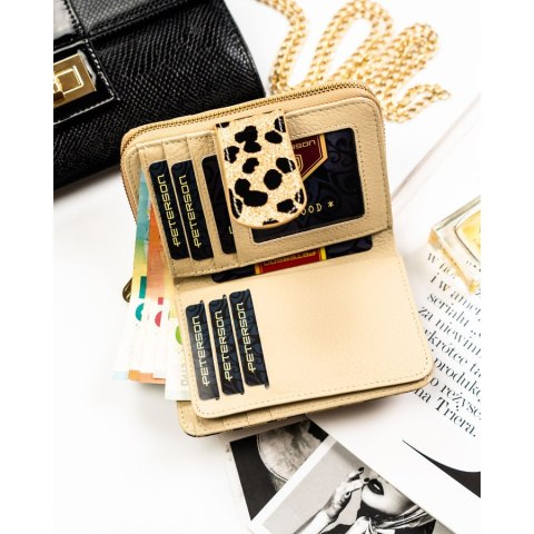Złoty, pionowy portfel damski ze skóry ekologicznej i naturalnej w cętki - Peterson