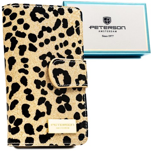 Złoty, pionowy portfel damski ze skóry ekologicznej i naturalnej w cętki, wyposażony w system RFID - Peterson