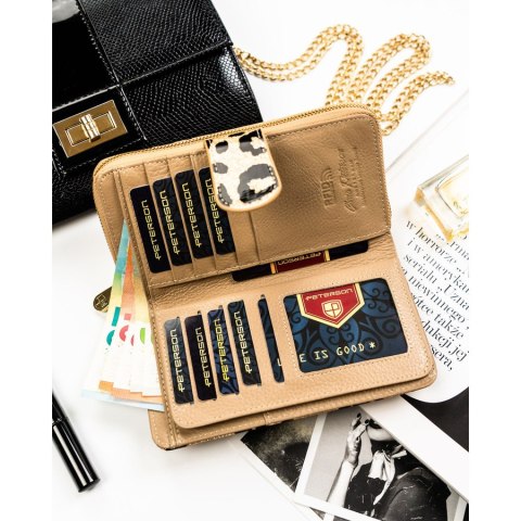 Złoty, pionowy portfel damski ze skóry ekologicznej i naturalnej w cętki, wyposażony w system RFID - Peterson