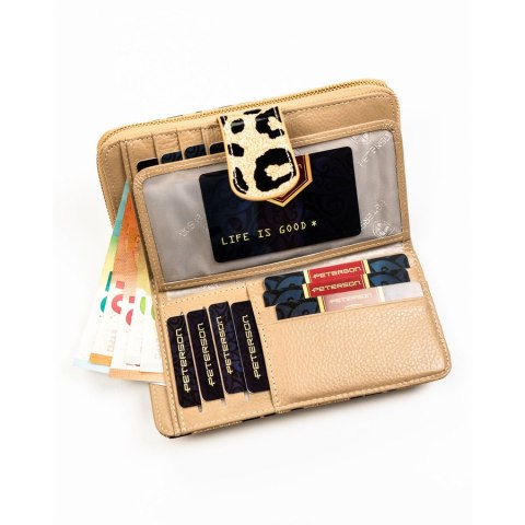 Złoty, pionowy portfel damski ze skóry ekologicznej i naturalnej w cętki, wyposażony w system RFID - Peterson