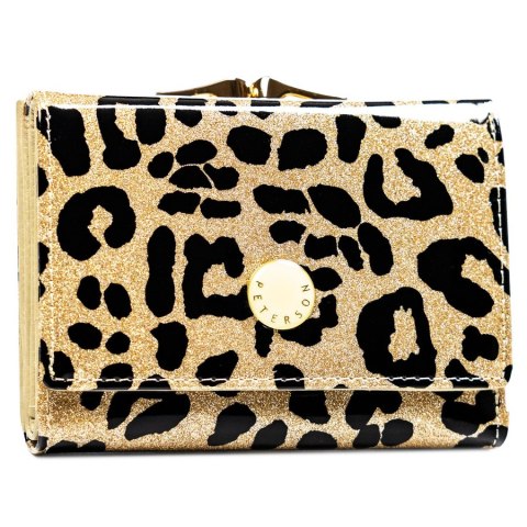 Złoty portfel damski ze skóry ekologicznej i naturalnej w cętki, zamykany biglem i zatrzaskiem - Peterson