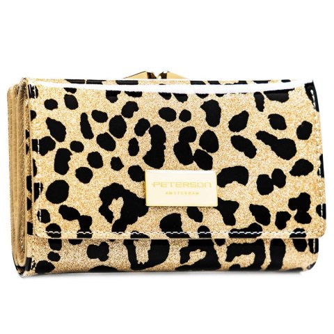 Złoty portfel damski ze skóry ekologicznej i naturalnej w cętki, zamykany biglem i zatrzaskiem - Peterson