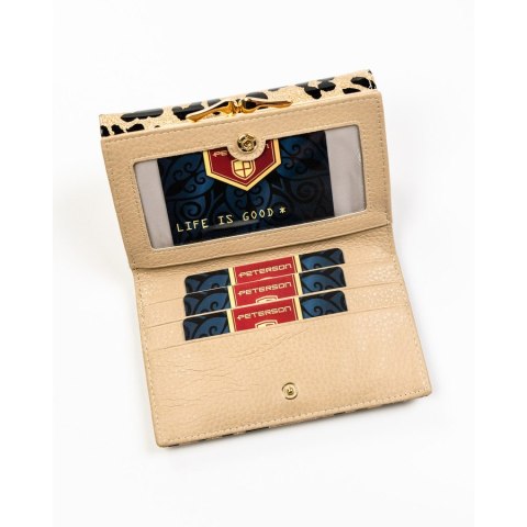 Złoty portfel damski ze skóry ekologicznej i naturalnej w cętki, zamykany biglem i zatrzaskiem - Peterson