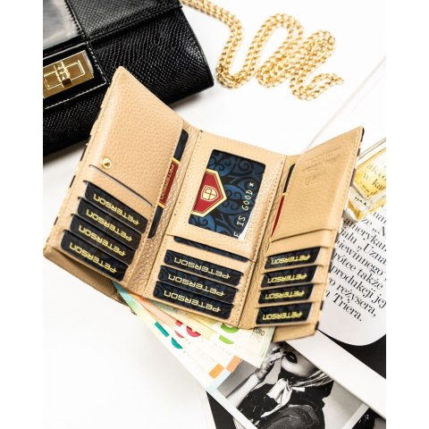 Złoty portfel damski ze skóry ekologicznej i naturalnej w cętki, zamykany biglem i zatrzaskiem - Peterson