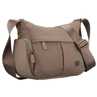 Beżowa listonoszka damska z poliestru zawieszona na szerokim pasku, dwukomorowa - Peterson